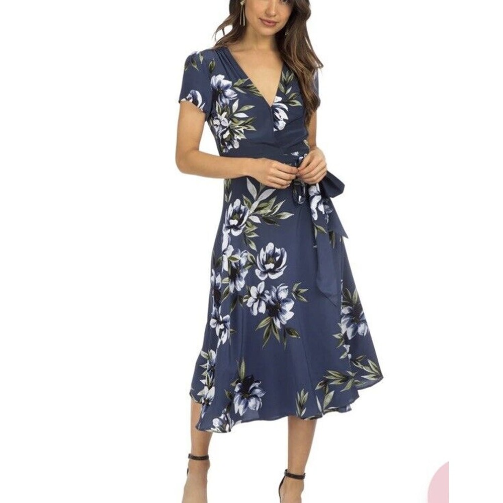 Yum I Kim Spin Me Around 100% Silk Blue Floral Wrap Dress size Small
